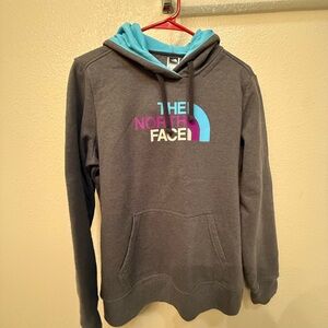 The North Face Charcoal Hoodie with Teal and Magenta Logo